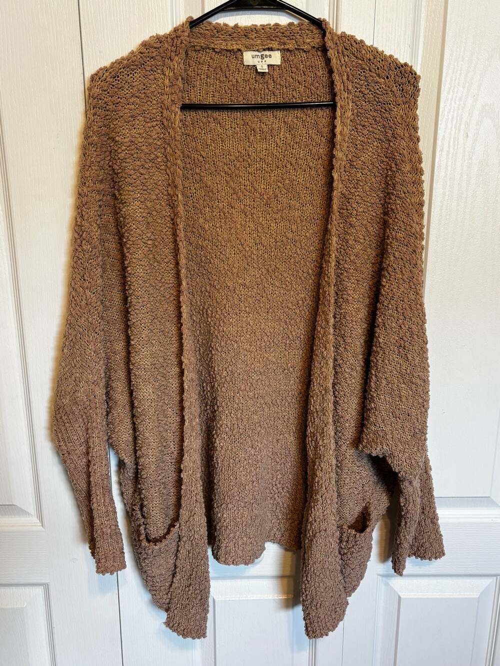 Umgee USA Brown Popcorn Knit Open Front Batwing Pocket Cardigan Sweater Size S